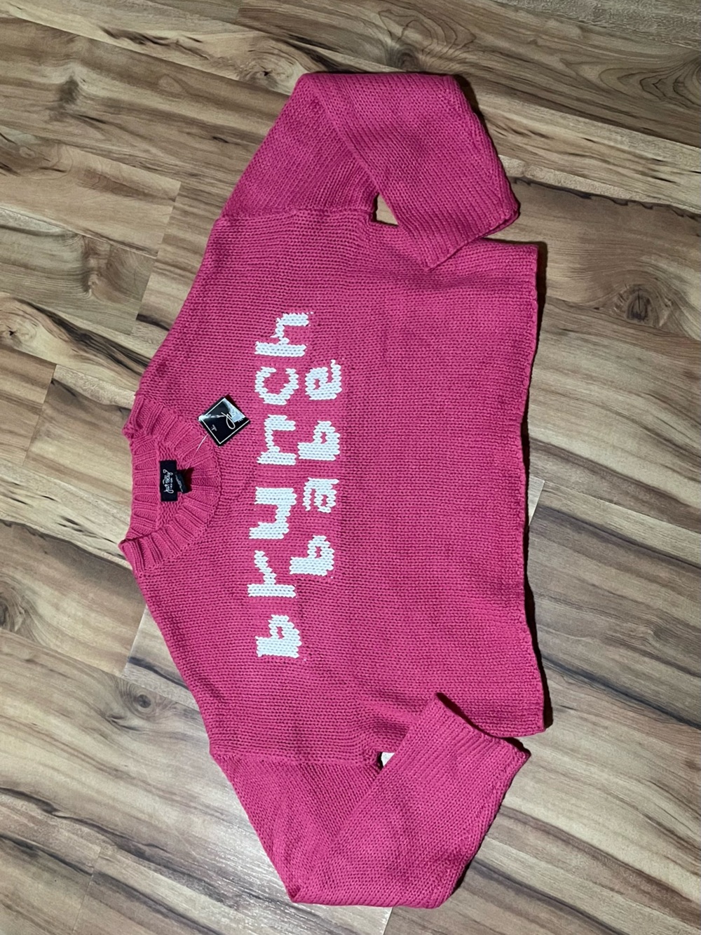 NWT Just Polly Brunch Babe Pixel Font Pink Cropped Knit Pullover Sweater Small